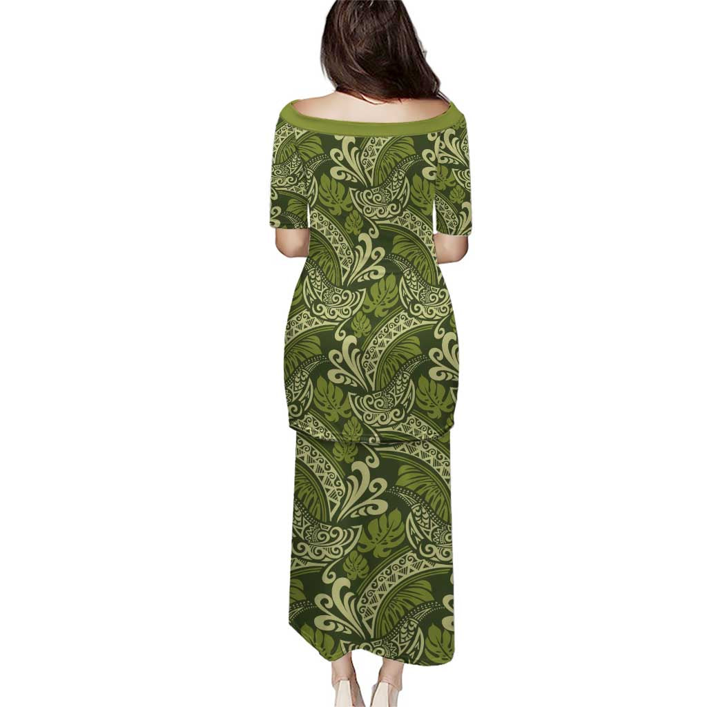 Olive Green Monstera Puletasi Polynesian Tribal Pattern LT01 - Polynesian Pride