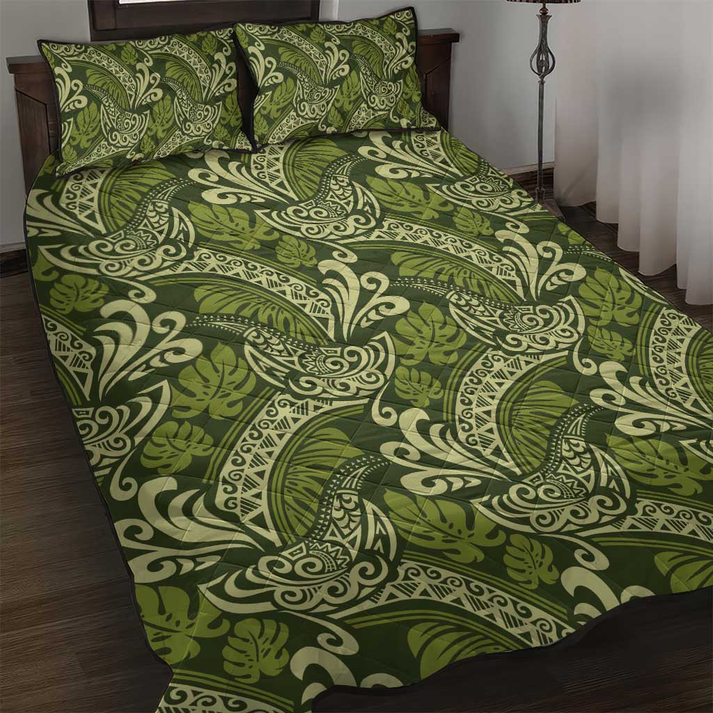 Olive Green Monstera Quilt Bed Set Polynesian Tribal Pattern LT01 Green - Polynesian Pride
