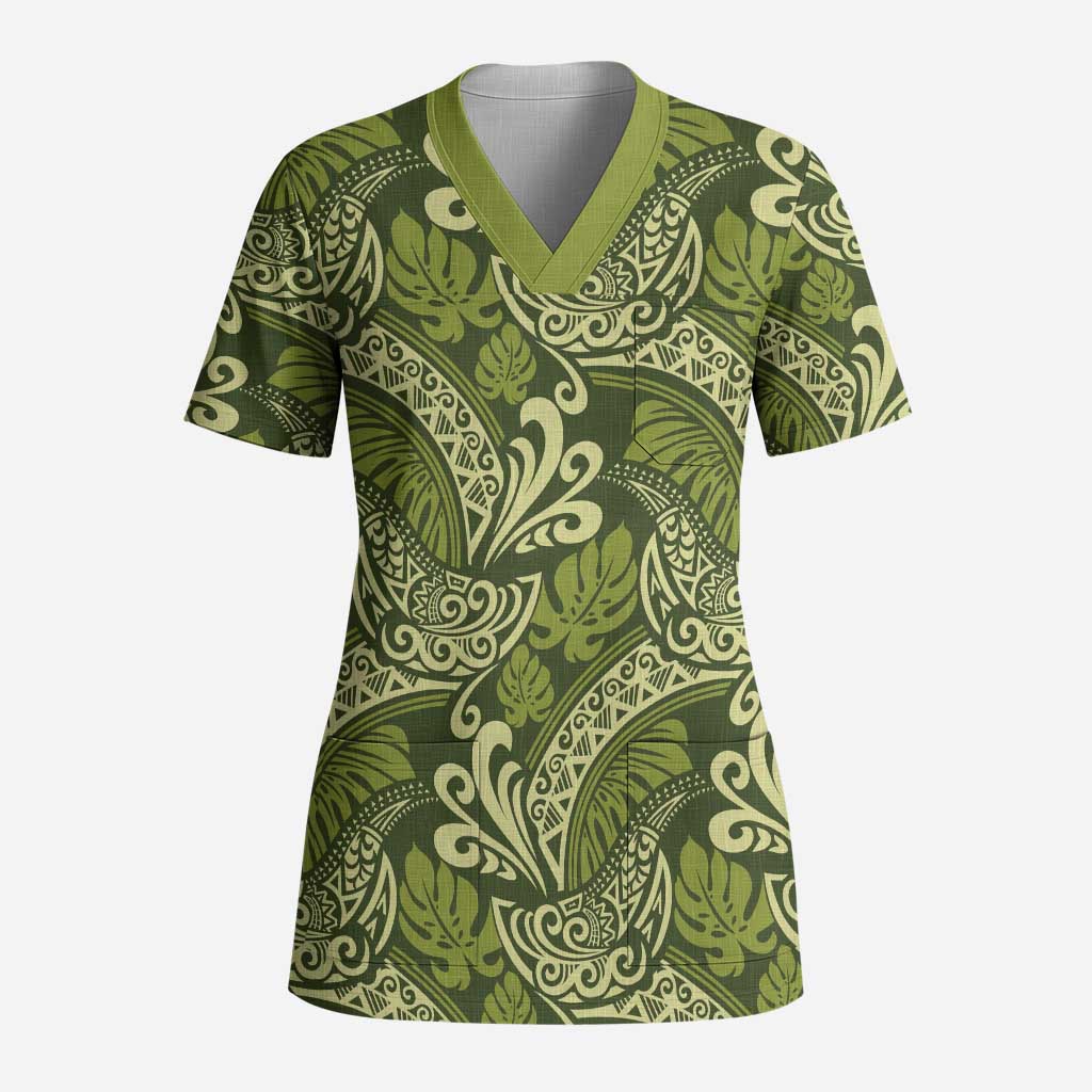 Olive Green Monstera Scrub Top Polynesian Tribal Pattern LT01 Adult Green - Polynesian Pride