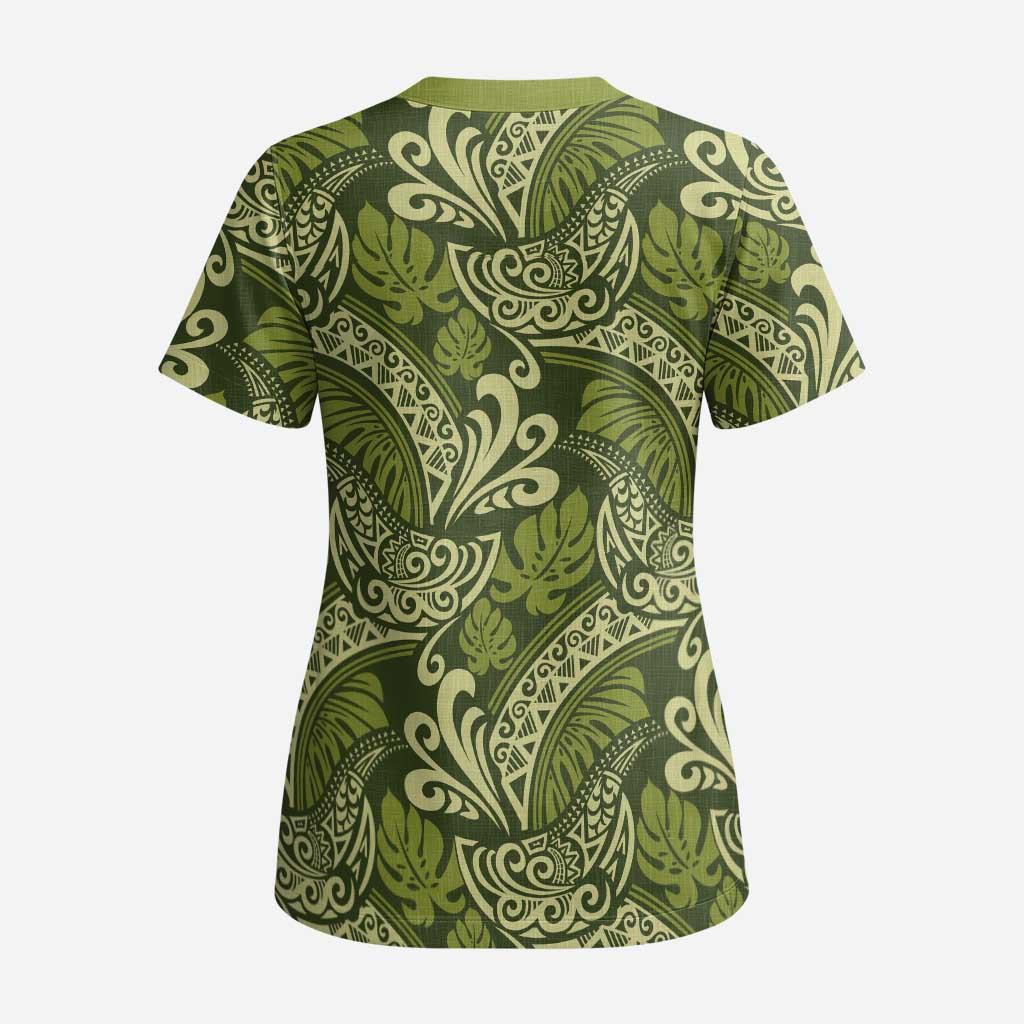 Olive Green Monstera Scrub Top Polynesian Tribal Pattern LT01 - Polynesian Pride