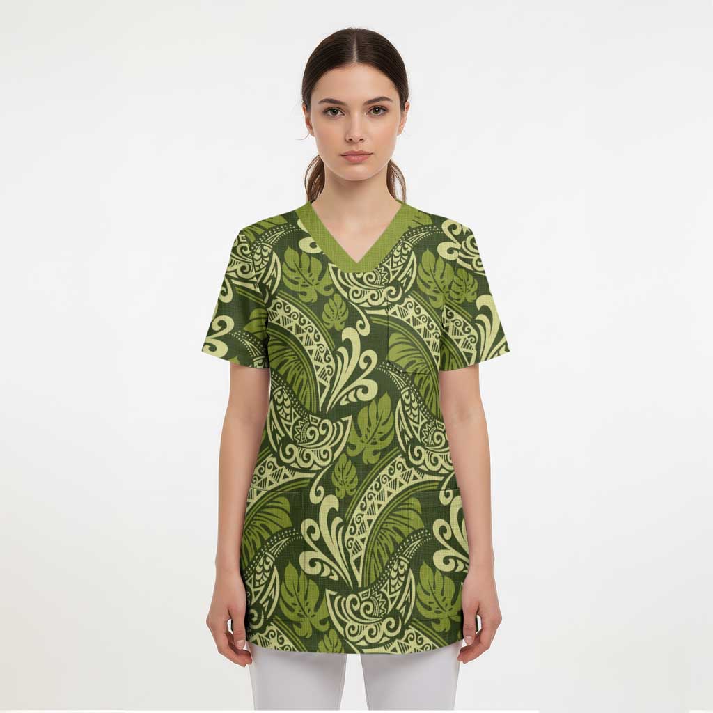Olive Green Monstera Scrub Top Polynesian Tribal Pattern LT01 - Polynesian Pride