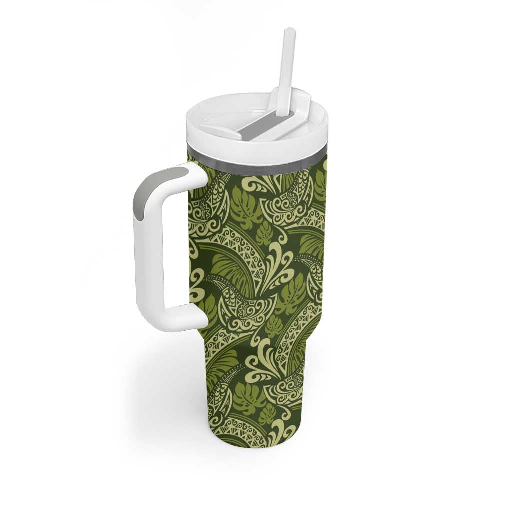 Olive Green Monstera Tumbler With Handle Polynesian Tribal Pattern LT01 - Polynesian Pride