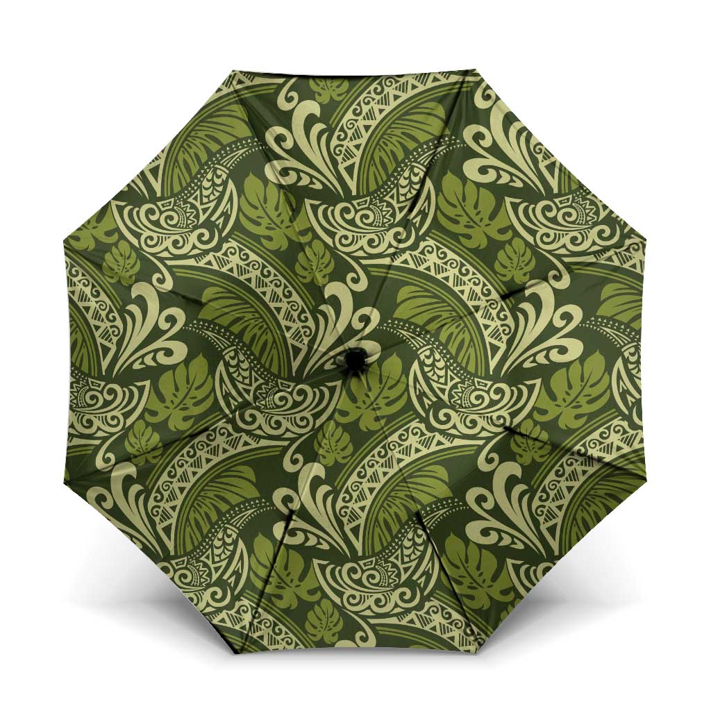 Olive Green Monstera Umbrella Polynesian Tribal Pattern LT01 One Size Folded 11.42 inch Opened Diameter 37.4 inch Green - Polynesian Pride