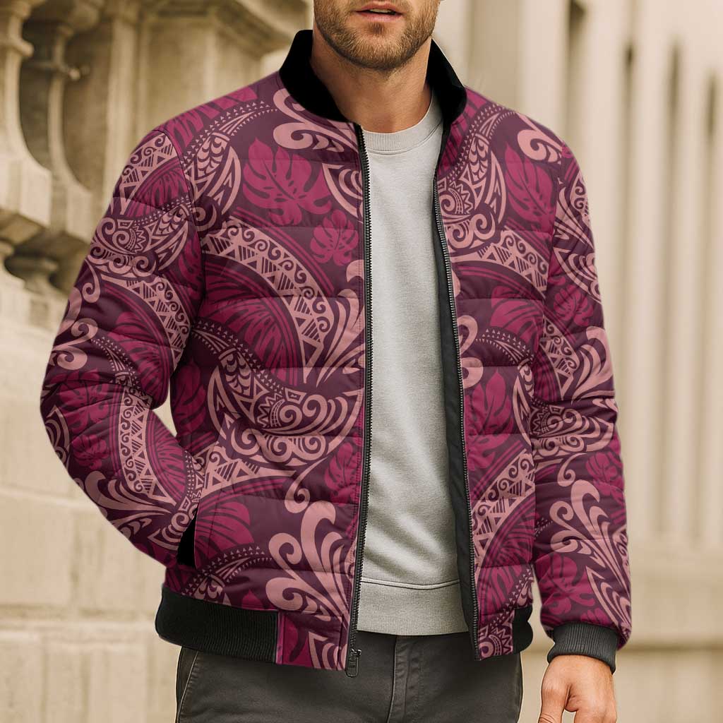 Sweet Pink Monstera Bomber Puffer Jacket Polynesian Tribal Pattern LT01 - Polynesian Pride