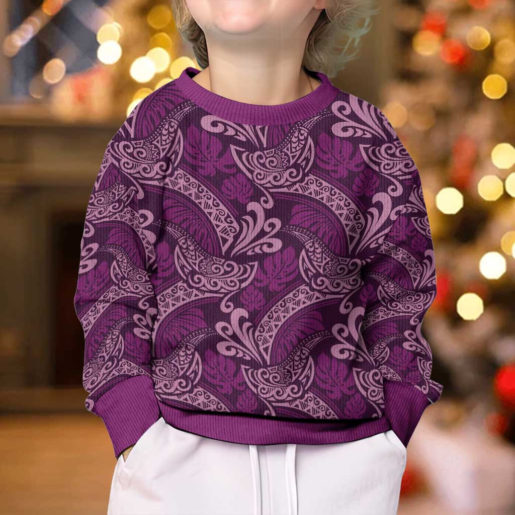 Royal Purple Monstera Kid Ugly Christmas Sweater Polynesian Tribal Pattern LT01 - Polynesian Pride