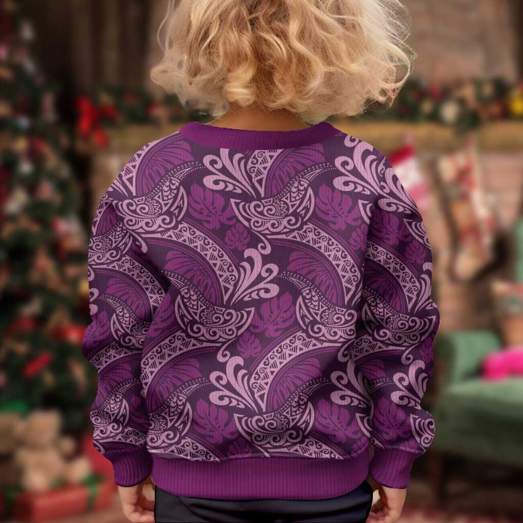 Royal Purple Monstera Kid Ugly Christmas Sweater Polynesian Tribal Pattern LT01 - Polynesian Pride