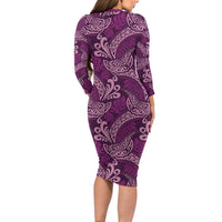 Royal Purple Monstera Long Sleeve Bodycon Dress Polynesian Tribal Pattern LT01 - Polynesian Pride