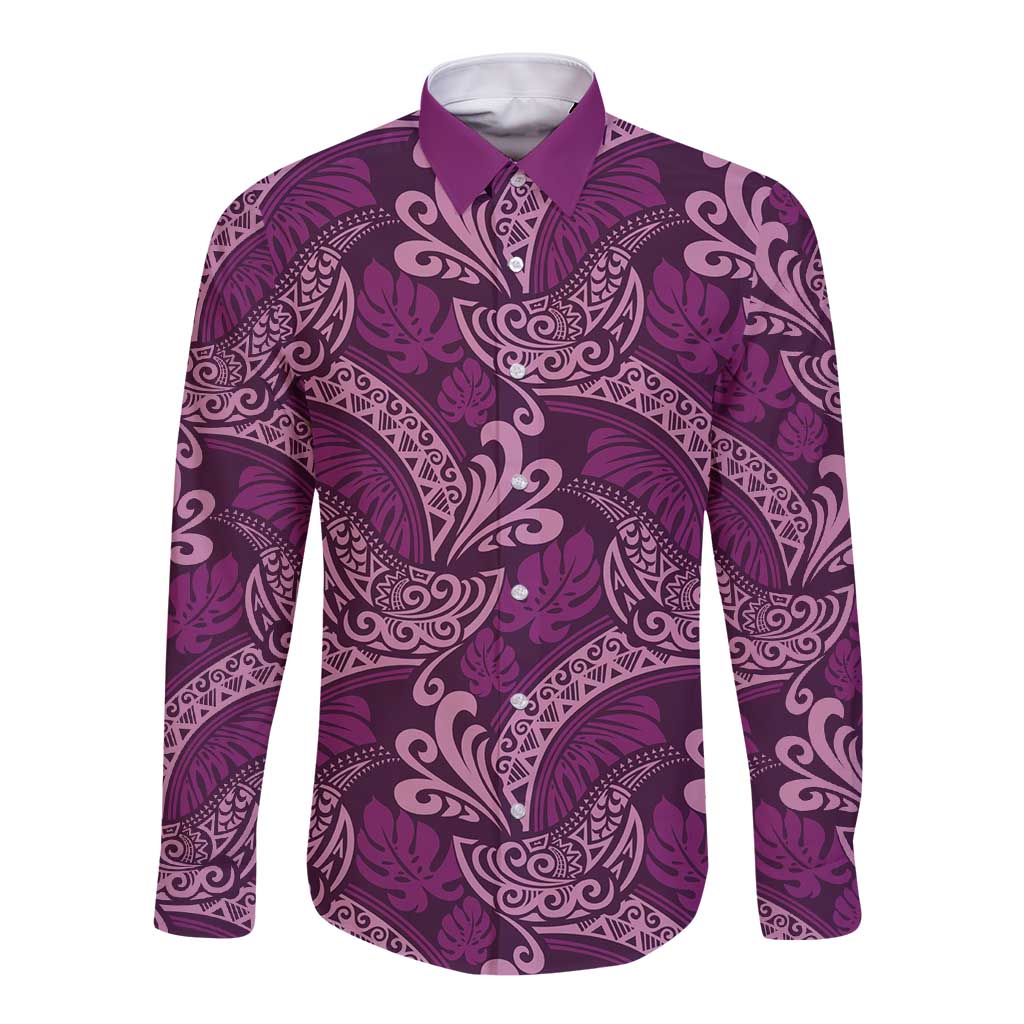 Royal Purple Monstera Long Sleeve Button Shirt Polynesian Tribal Pattern LT01 Unisex Purple - Polynesian Pride
