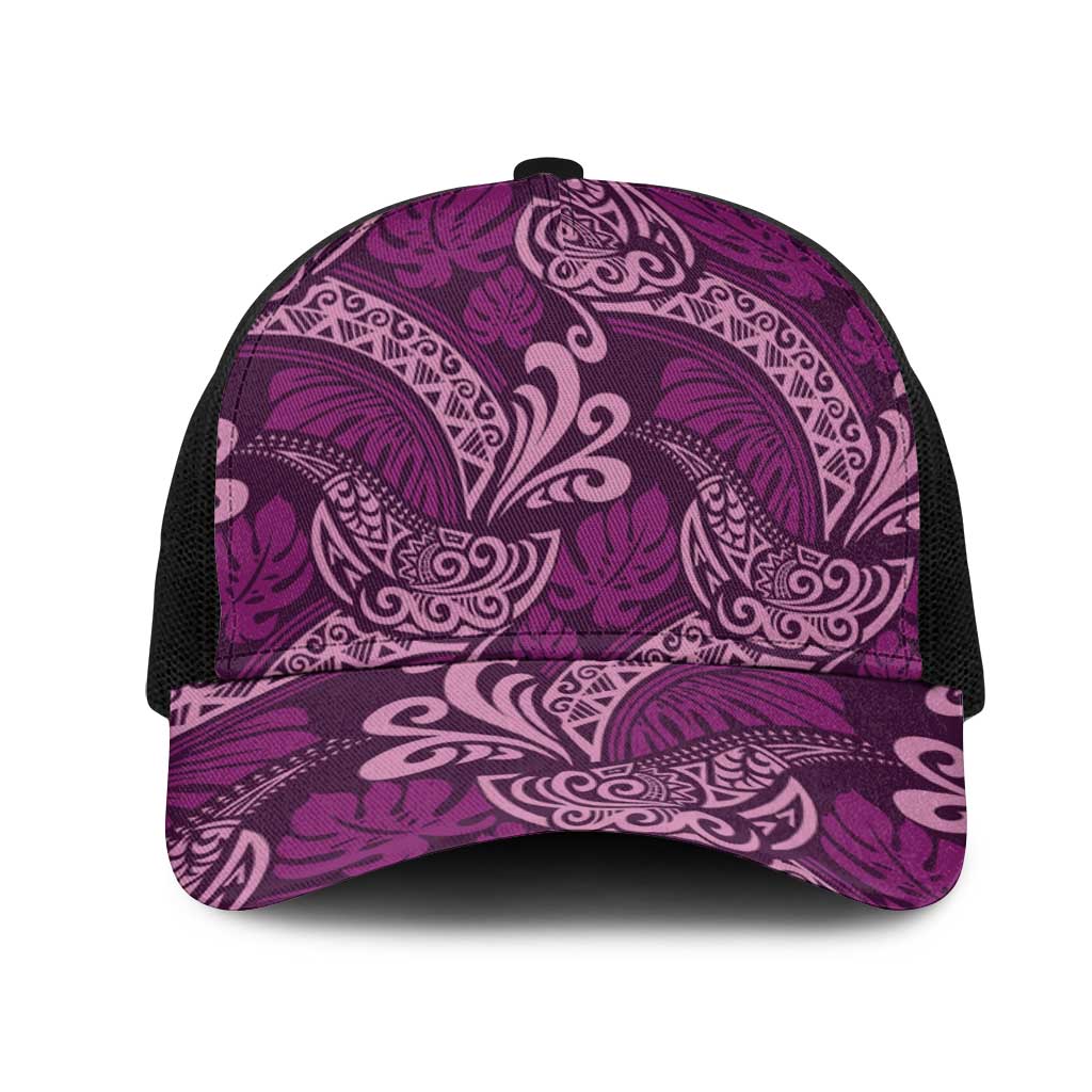 Royal Purple Monstera Mesh Trucker Cap Polynesian Tribal Pattern LT01 One Size Black Purple - Polynesian Pride