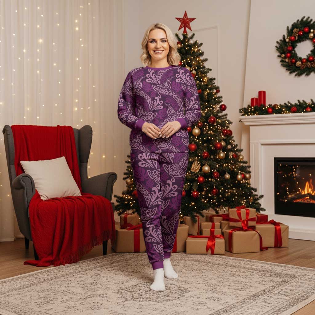 Royal Purple Monstera Christmas Pajama Set Polynesian Tribal Pattern LT01 Women Purple - Polynesian Pride