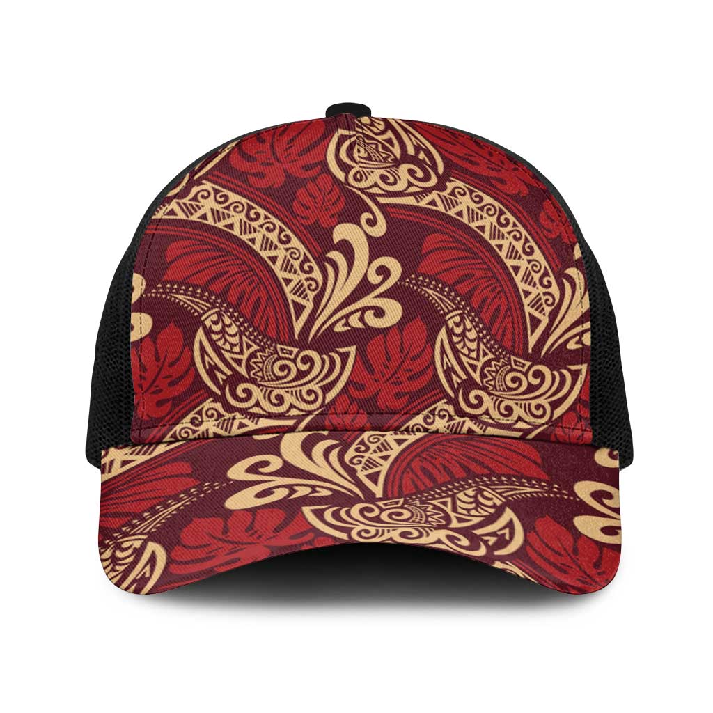 Luxury Red Monstera Baseball Net Cap Polynesian Tribal Pattern LT01 One Size Black Red - Polynesian Pride