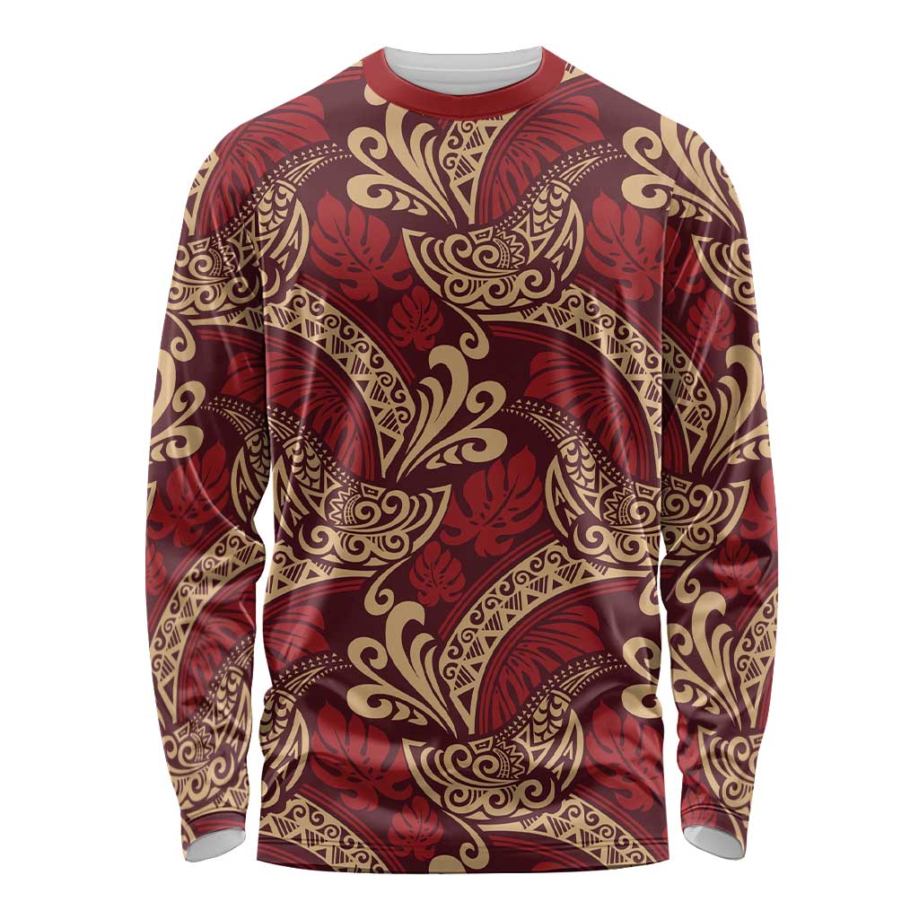 Luxury Red Monstera Long Sleeve Shirt Polynesian Tribal Pattern LT01 Unisex Red - Polynesian Pride