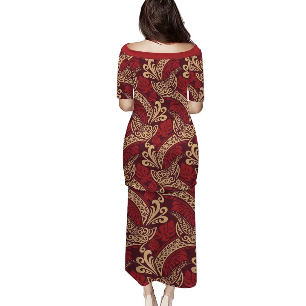 Luxury Red Monstera Puletasi Polynesian Tribal Pattern LT01 - Polynesian Pride