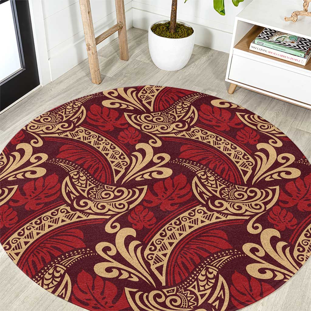 Luxury Red Monstera Round Carpet Polynesian Tribal Pattern LT01 Red - Polynesian Pride
