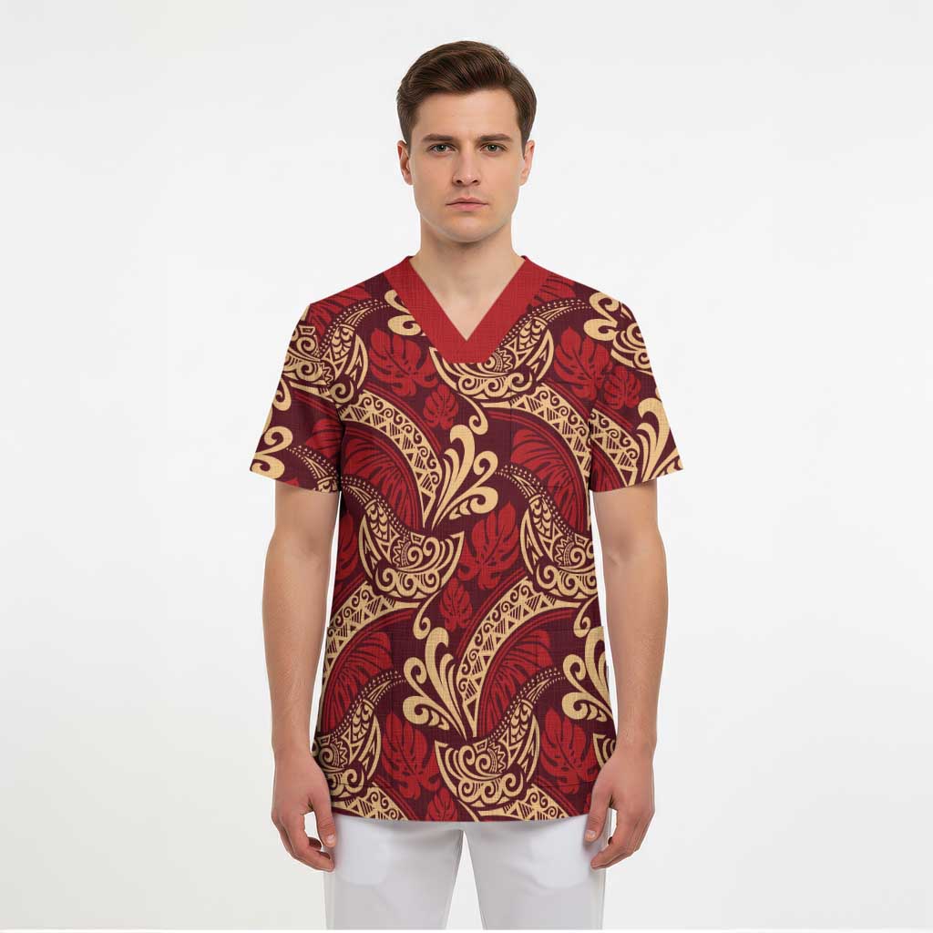 Luxury Red Monstera Scrub Top Polynesian Tribal Pattern LT01 - Polynesian Pride