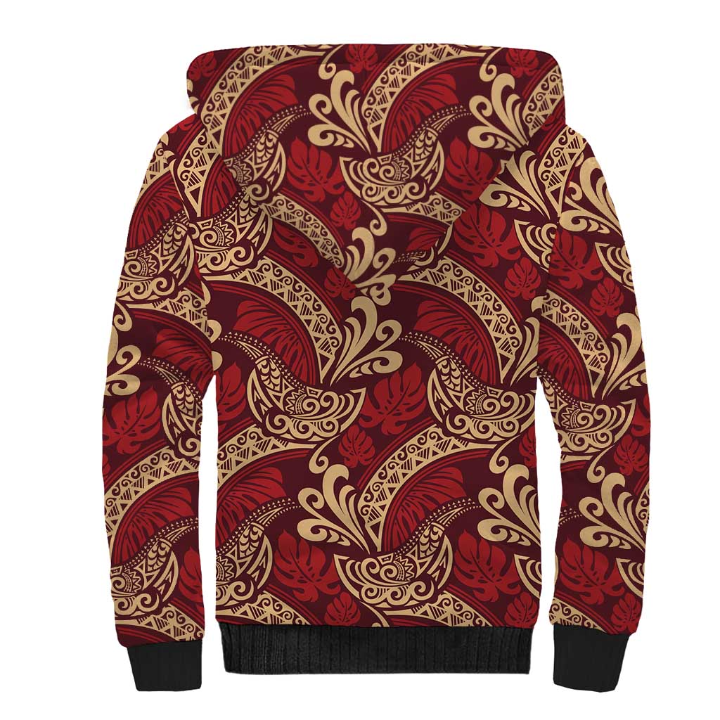 Luxury Red Monstera Sherpa Hoodie Polynesian Tribal Pattern LT01 - Polynesian Pride