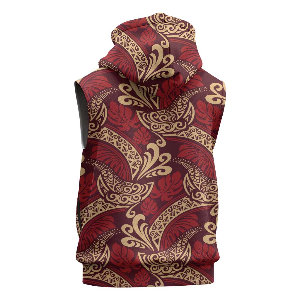 Luxury Red Monstera Sleeveless Hoodie Polynesian Tribal Pattern LT01 - Polynesian Pride