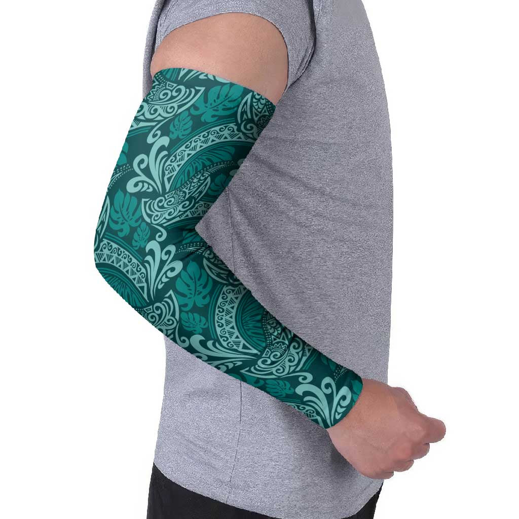 Teal Monstera Arm Sleeves Polynesian Tribal Pattern LT01 - Polynesian Pride