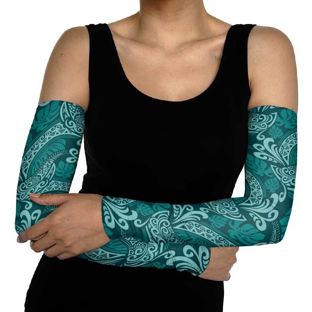 Teal Monstera Arm Sleeves Polynesian Tribal Pattern LT01 - Polynesian Pride