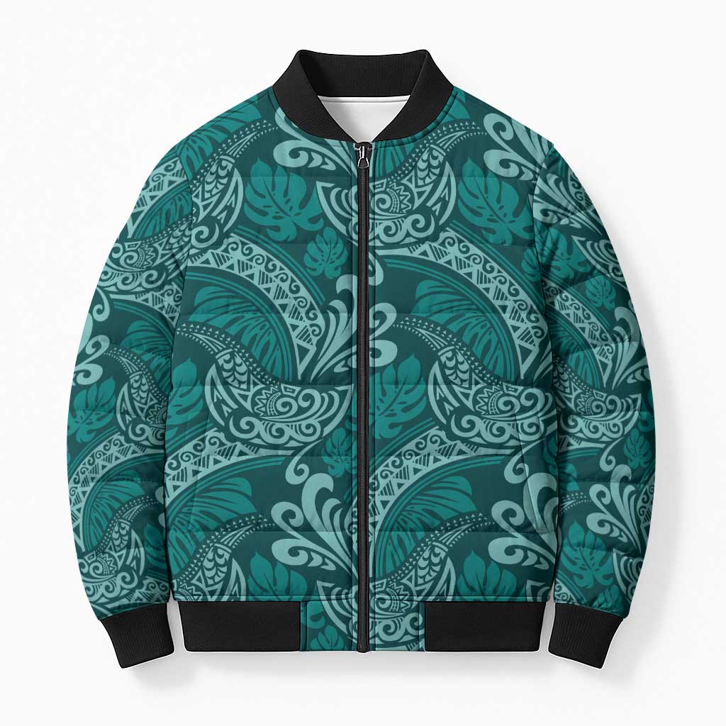 Teal Monstera Bomber Puffer Jacket Polynesian Tribal Pattern LT01 Unisex Teal - Polynesian Pride
