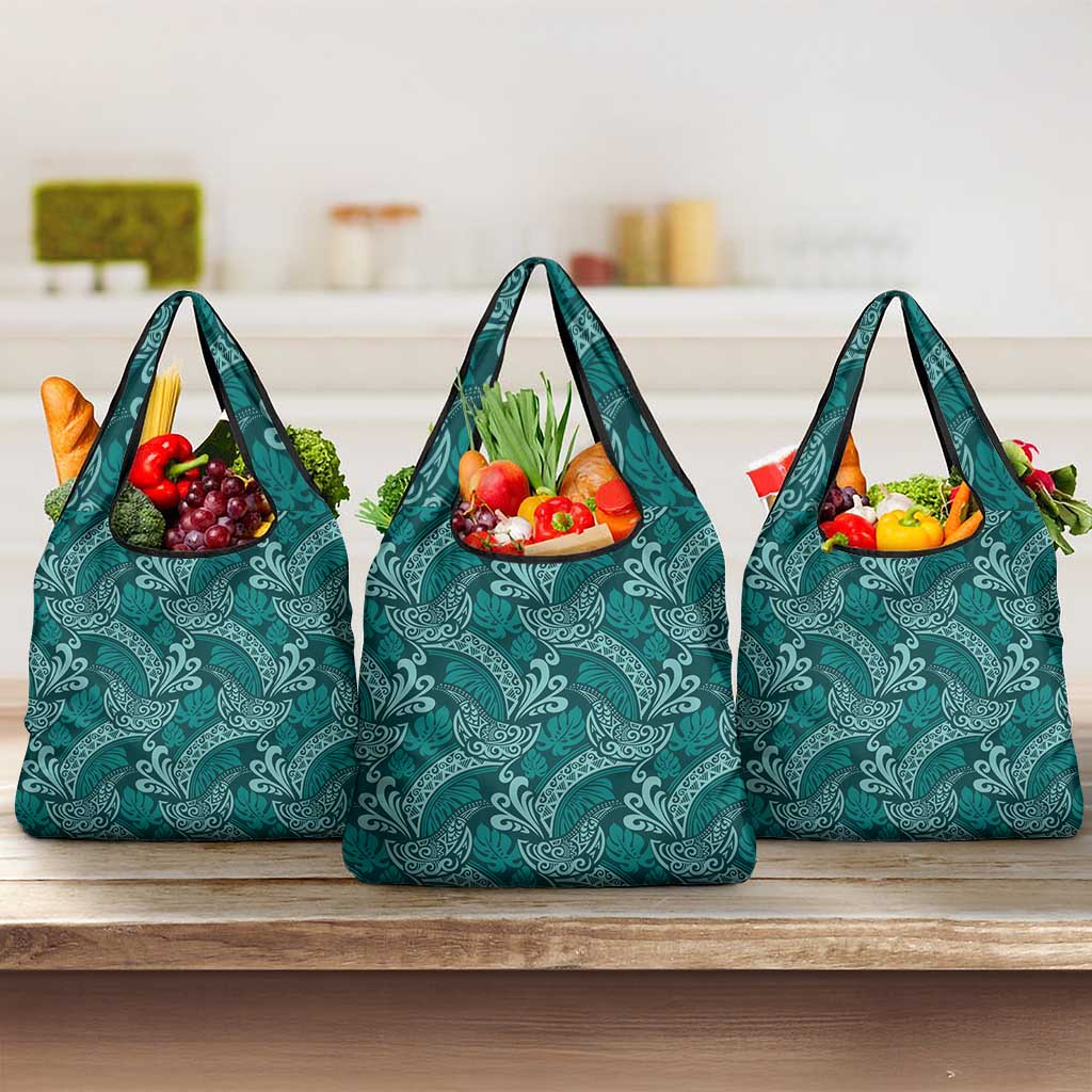 Teal Monstera Grocery Bag Polynesian Tribal Pattern LT01 3-pack One Size Teal - Polynesian Pride