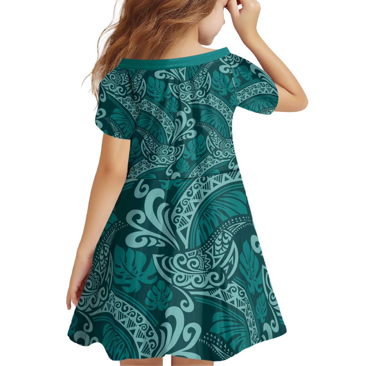 Teal Monstera Kid Short Sleeve Dress Polynesian Tribal Pattern LT01 - Polynesian Pride