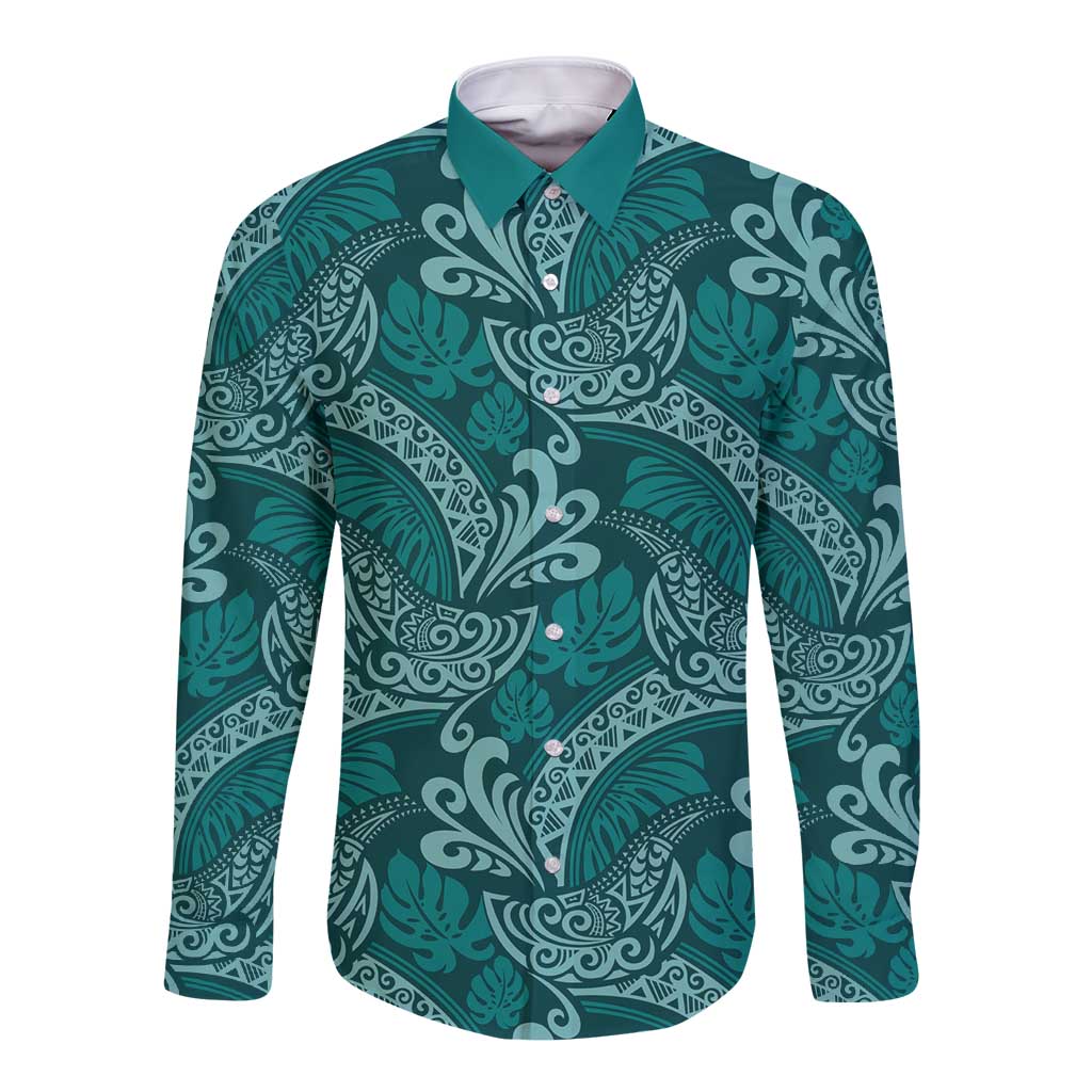 Teal Monstera Long Sleeve Button Shirt Polynesian Tribal Pattern LT01 Unisex Teal - Polynesian Pride