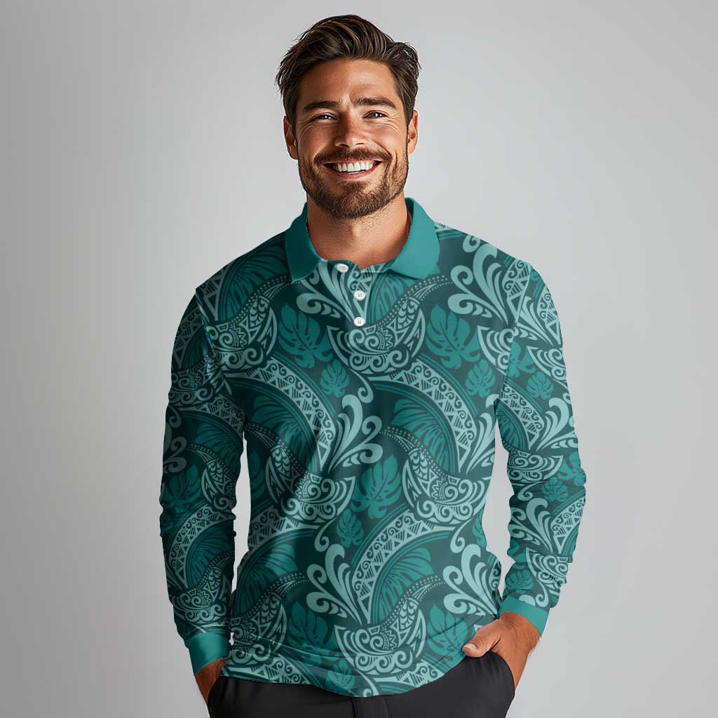Teal Monstera Long Sleeve Polo Shirt Polynesian Tribal Pattern LT01 - Polynesian Pride