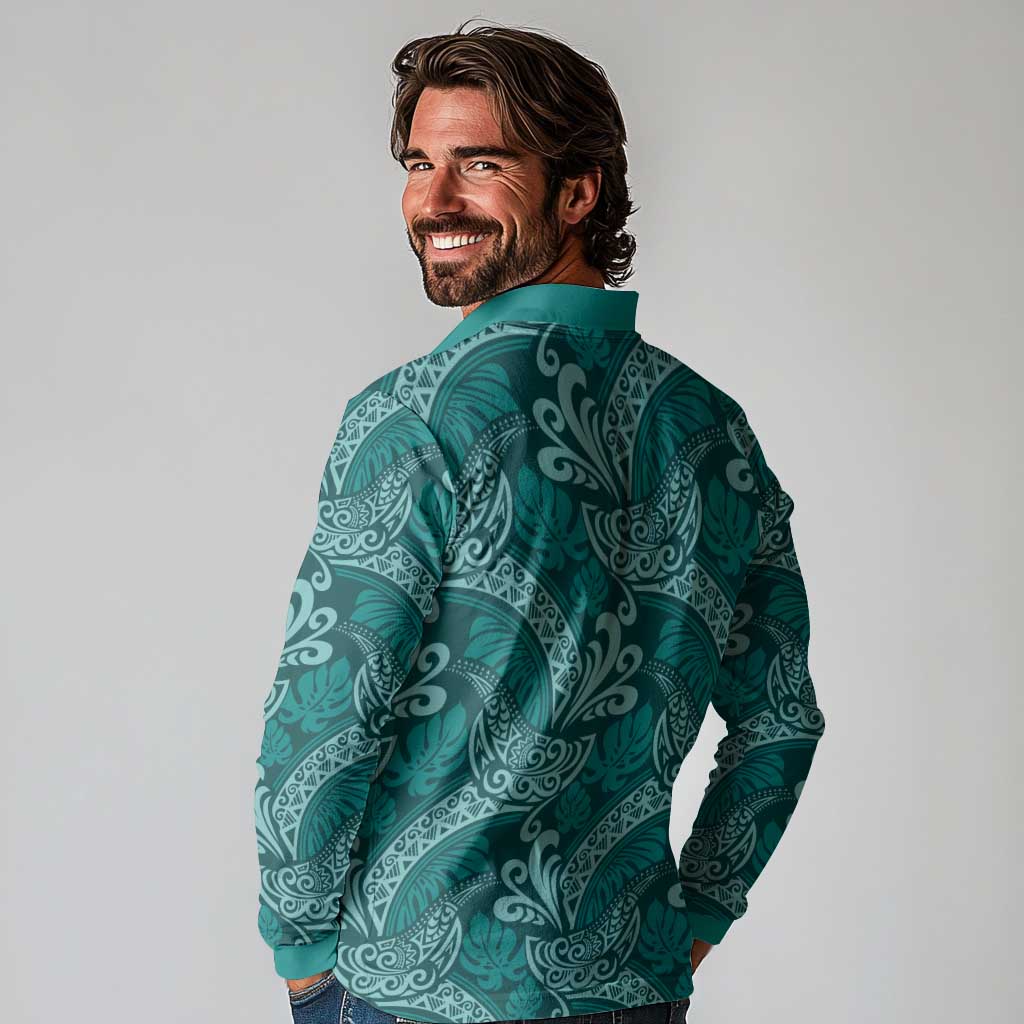 Teal Monstera Long Sleeve Polo Shirt Polynesian Tribal Pattern LT01 - Polynesian Pride