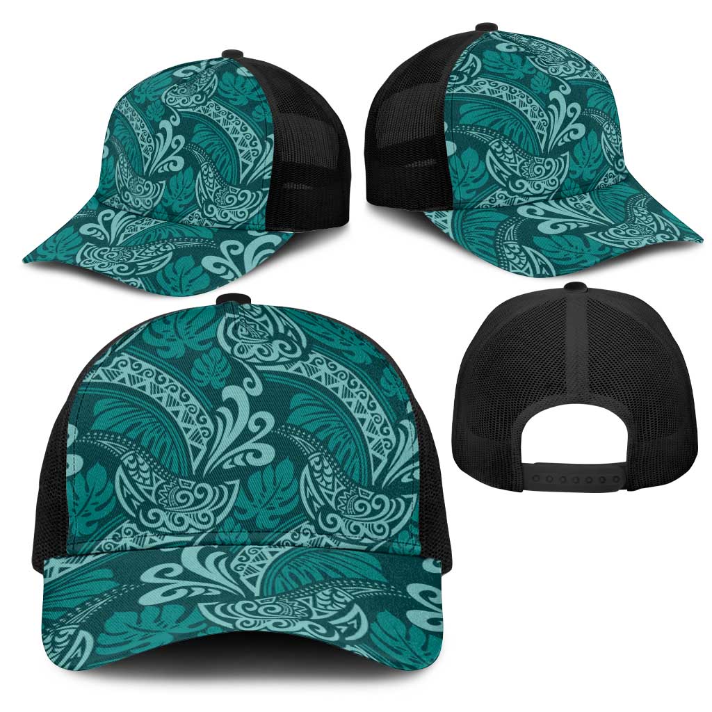 Teal Monstera Mesh Trucker Cap Polynesian Tribal Pattern LT01 - Polynesian Pride