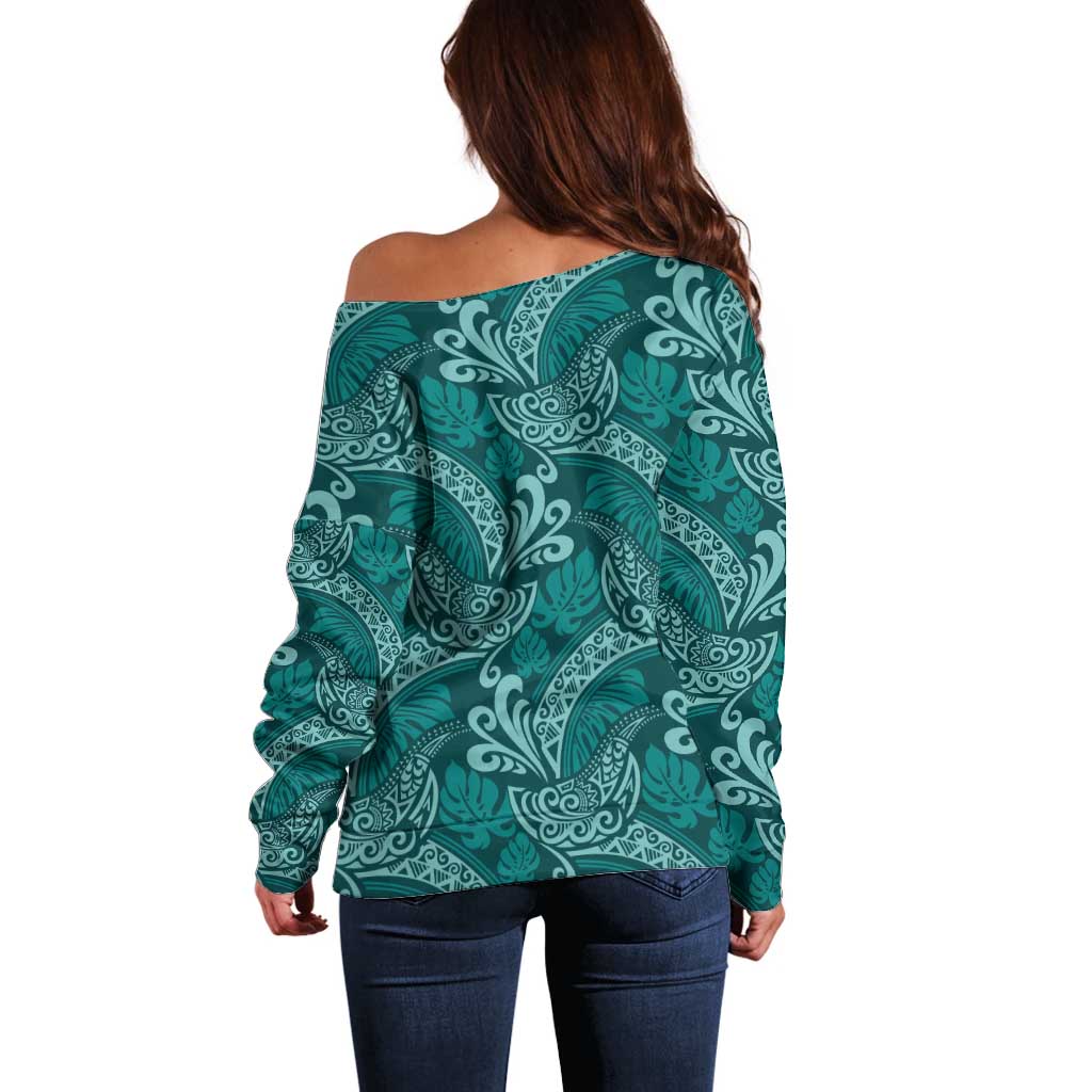 Teal Monstera Off Shoulder Sweater Polynesian Tribal Pattern LT01 - Polynesian Pride