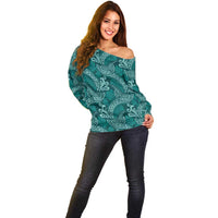 Teal Monstera Off Shoulder Sweater Polynesian Tribal Pattern LT01 - Polynesian Pride