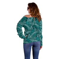 Teal Monstera Off Shoulder Sweater Polynesian Tribal Pattern LT01 - Polynesian Pride