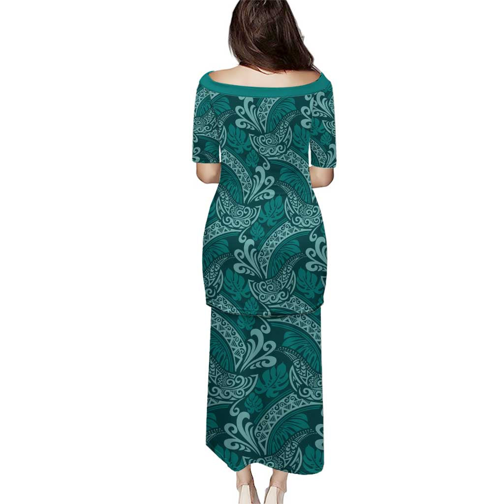 Teal Monstera Puletasi Polynesian Tribal Pattern LT01 - Polynesian Pride