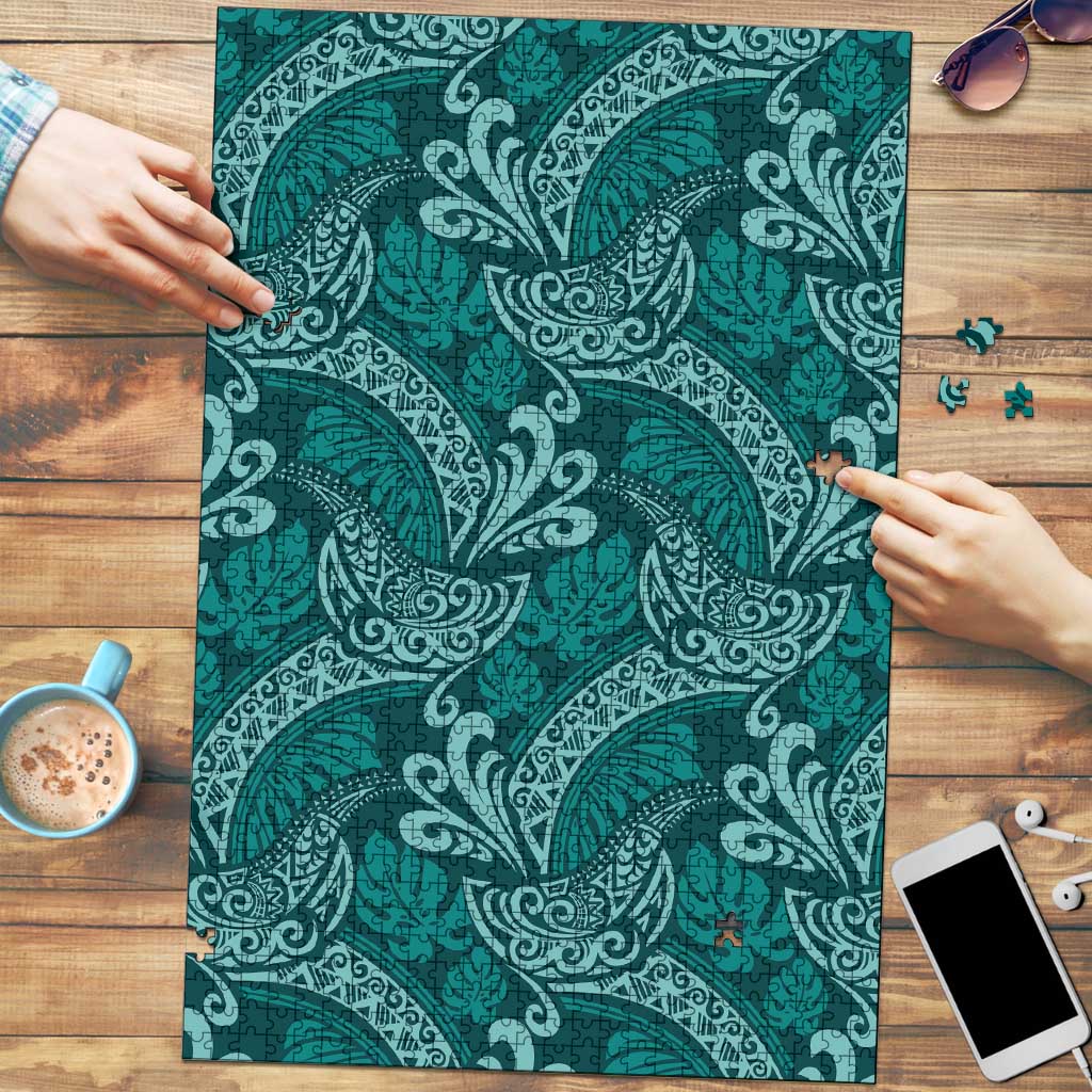 Teal Monstera Puzzle Polynesian Tribal Pattern LT01 Teal - Polynesian Pride