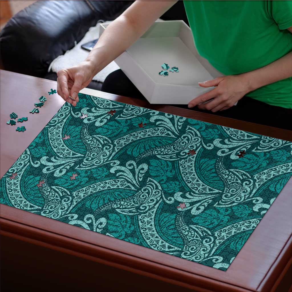 Teal Monstera Puzzle Polynesian Tribal Pattern LT01 - Polynesian Pride