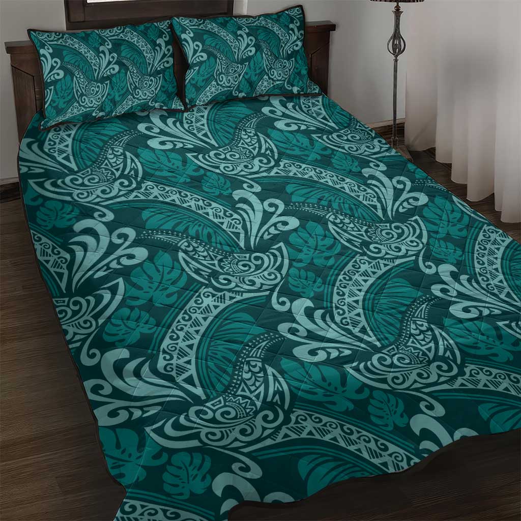 Teal Monstera Quilt Bed Set Polynesian Tribal Pattern LT01 Teal - Polynesian Pride