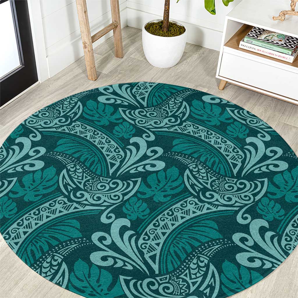 Teal Monstera Round Carpet Polynesian Tribal Pattern LT01 Teal - Polynesian Pride