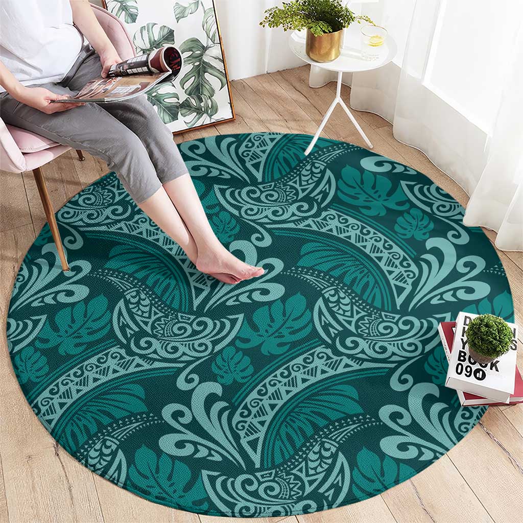 Teal Monstera Round Carpet Polynesian Tribal Pattern LT01 - Polynesian Pride