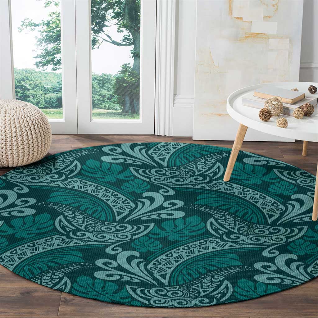 Teal Monstera Round Carpet Polynesian Tribal Pattern LT01 - Polynesian Pride