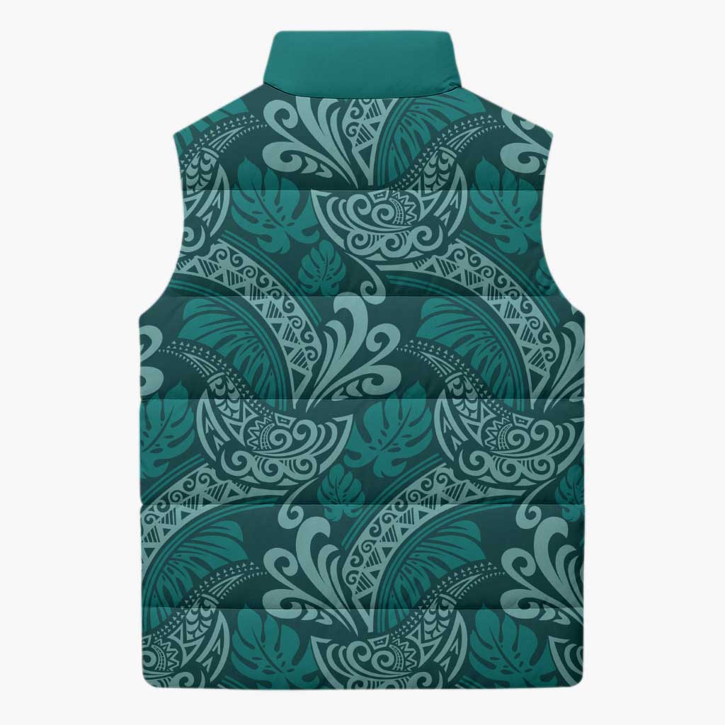 Teal Monstera Sleeveless Puffer Jacket Polynesian Tribal Pattern LT01 - Polynesian Pride
