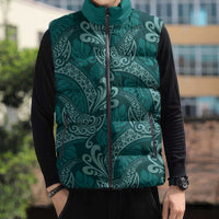 Teal Monstera Sleeveless Puffer Jacket Polynesian Tribal Pattern LT01 - Polynesian Pride