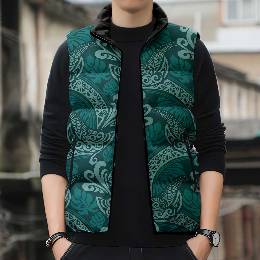Teal Monstera Sleeveless Puffer Jacket Polynesian Tribal Pattern LT01 - Polynesian Pride