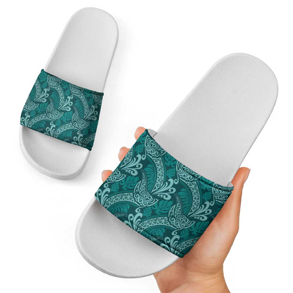 Teal Monstera Slide Sandals Polynesian Tribal Pattern LT01 - Polynesian Pride