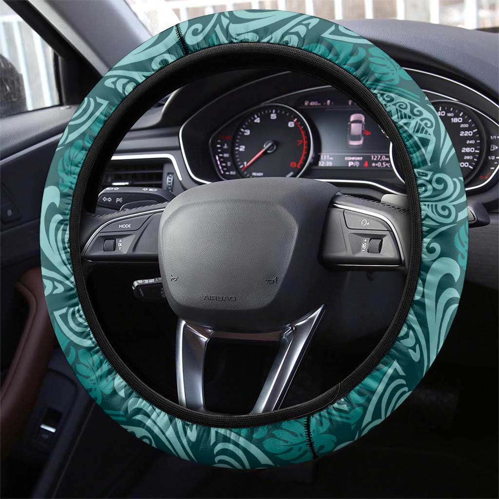 Teal Monstera Steering Wheel Cover Polynesian Tribal Pattern LT01 - Polynesian Pride