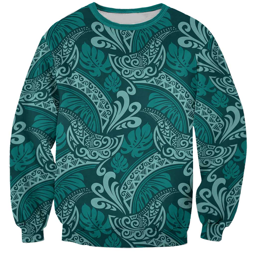 Teal Monstera Sweatshirt Polynesian Tribal Pattern LT01 Unisex Teal - Polynesian Pride