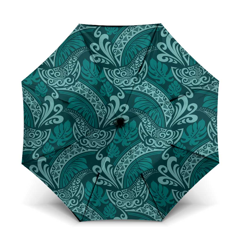 Teal Monstera Umbrella Polynesian Tribal Pattern LT01 One Size Folded 11.42 inch Opened Diameter 37.4 inch Teal - Polynesian Pride