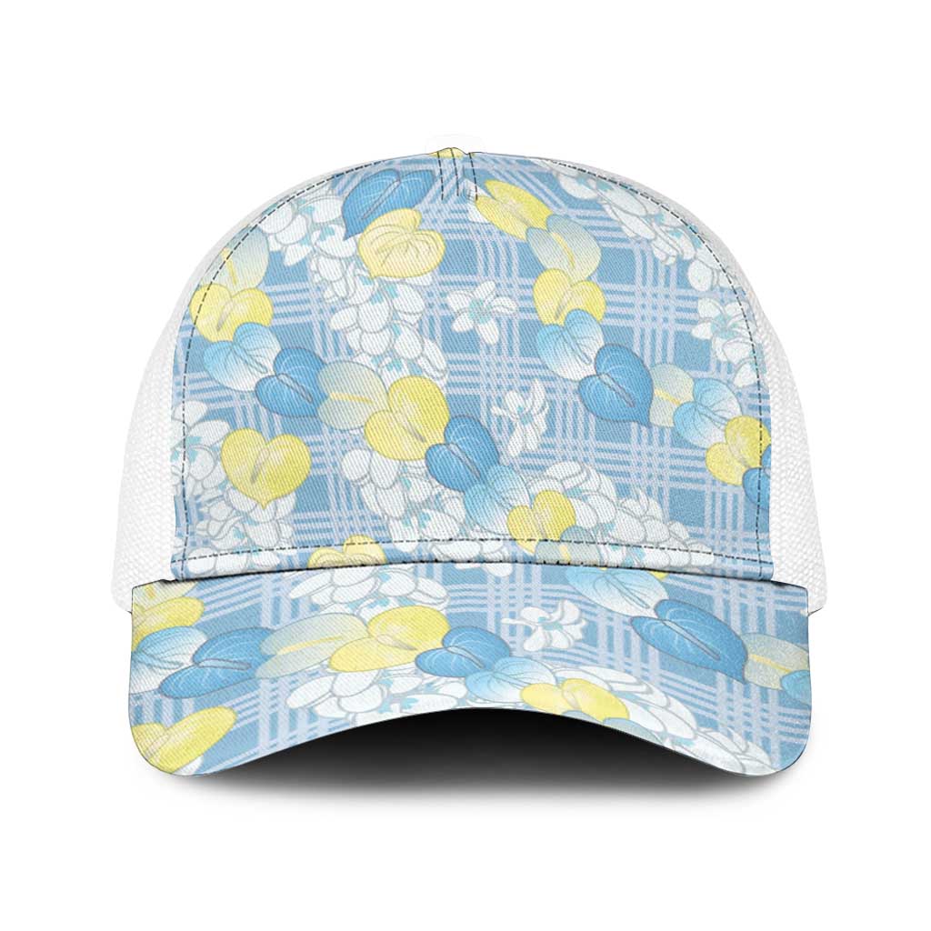 Anthurium Plumeria Lei Pastel Baseball Net Cap Blue Hawaiian Splendid Palaka LT01 One Size White Blue - Polynesian Pride