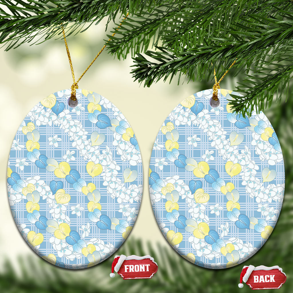 Anthurium Plumeria Lei Pastel Ceramic Ornament Blue Hawaiian Splendid Palaka LT01 Oval Blue - Polynesian Pride
