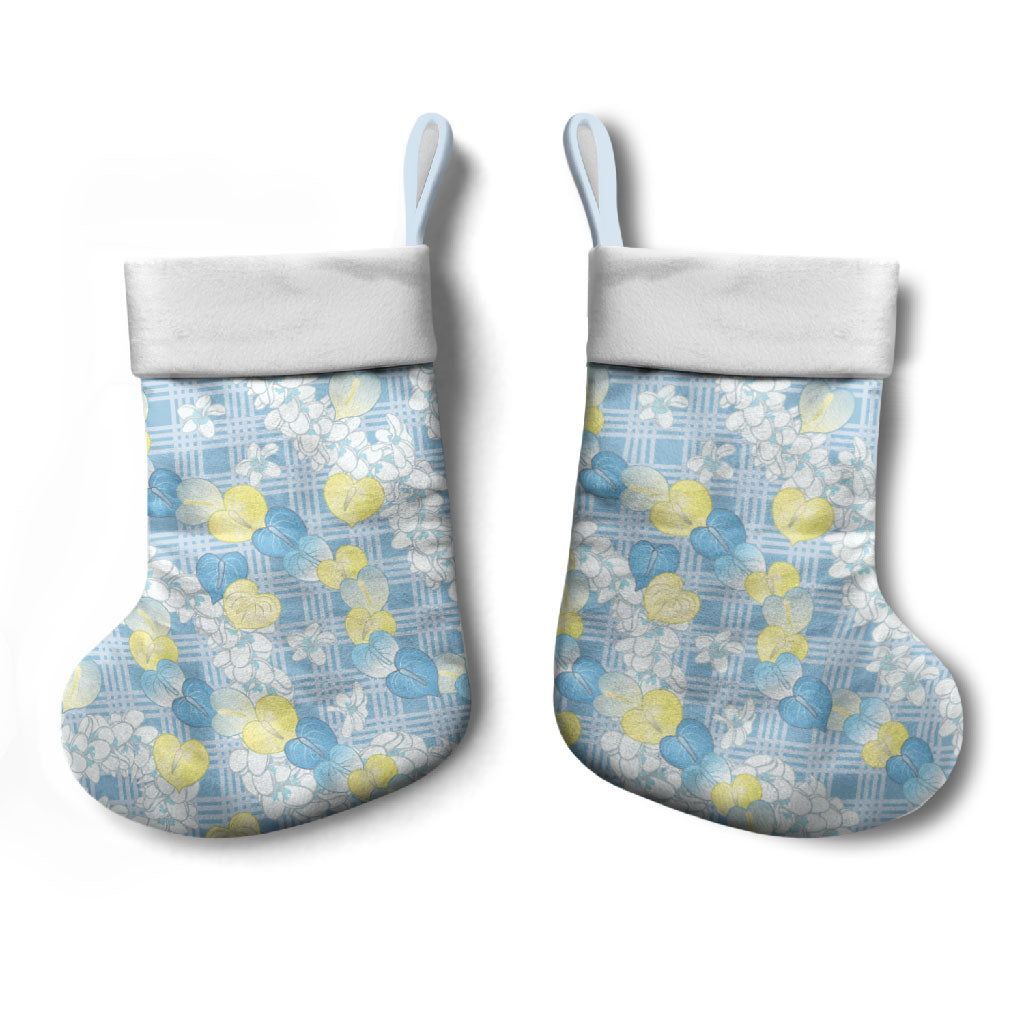 Anthurium Plumeria Lei Pastel Christmas Stocking Blue Hawaiian Splendid Palaka LT01 - Polynesian Pride